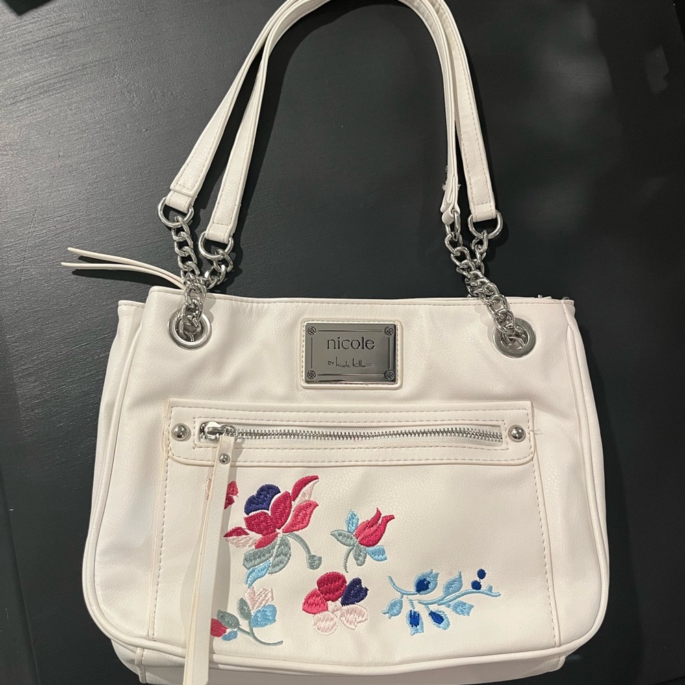 Nicole by Nicole Miller White Handbag with Colorful Flower Embroidery
